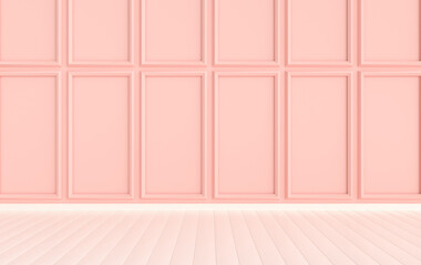 Classic interior walls with copy space. Walls with ornated mouldings panels and wooden floor, classic cornice. Floor parquet. 3d rendering digital interior mock up Illustration. Pink and white colors