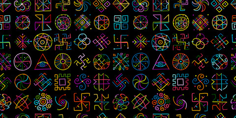 Fototapeta premium Sacred geometry background, seamless pattern. Alchemy, religion, philosophy, spirituality. Hand drawn sketch for your design