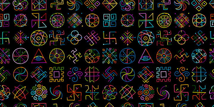 Sacred geometry background, seamless pattern. Alchemy, religion, philosophy, spirituality. Hand drawn sketch for your design