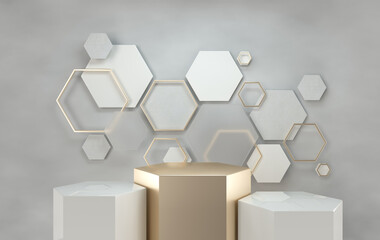 3d rendered studio with geometric shapes, podium on the floor. Platforms for product presentation, mock up background. Abstract composition in minimal design, white, golden colors