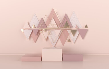 3d rendered studio with geometric shapes, podium on the floor. Platforms for product presentation, mock up background. Abstract composition in minimal design, pink and gold colors