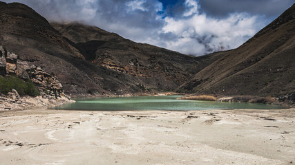 mountain lake with a sandy shore