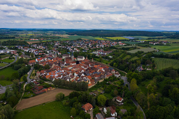 Fototapeta na wymiar Aerial view of the old town of the city Seßlach in Germany on a sunny day in spring. 