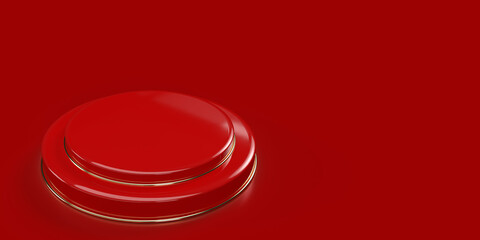 3D rendered geometric studio scene with two floor stage podium form. Empty showroom pedestal in minimalist platform composition. Graphic design on red background with copy space