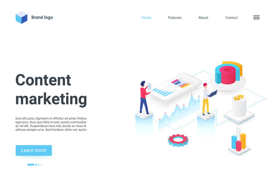 Content digital marketing concept isometric vector illustration. Cartoon 3d team of marketer people study audience in social media, seo optimization campaign for target searching process landing page