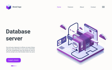 Database server technology isometric vector illustration. Cartoon 3d big data flow processing abstract machine, datacenter host infrastructure working on development of digital files landing page