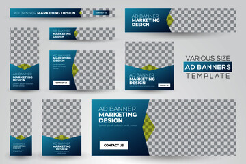 set of web banners in different size white and green element and a place for photos