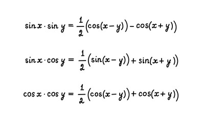 Trigonometric formulas for converting the product to the sum. Education, getting classes, school program Higher mathematics. Handwritten math text. Isolated.