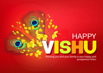 Greeting card with konna flowers (cassia fistula) and peacock feathers for South Indian New Year festival Vishu (Vishukani). Vector illustration.