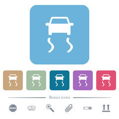 Slippery road dashboard indicator flat icons on color rounded square backgrounds