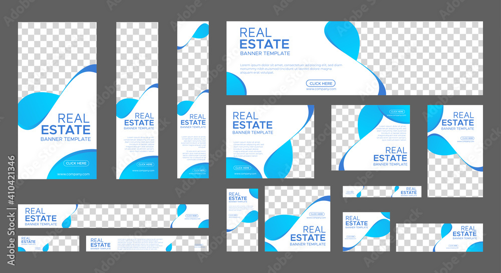Wall mural real estate web banner design template set. vertical, horizontal and square banners with standard si