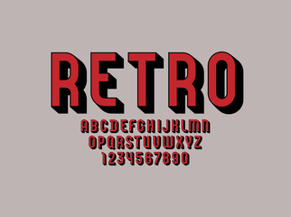 3D retro font, trendy alphabet with shadows, red letters and numbers, vector illustration 10eps