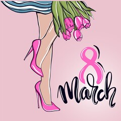 Happy Women's Day March 8. postcard and poster for the spring holiday. Women's feet in high heels in shoes. Cute girly design