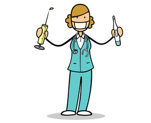 Cartoon Pflegerin mit Coronavirus Impfstoff und Mundschutz