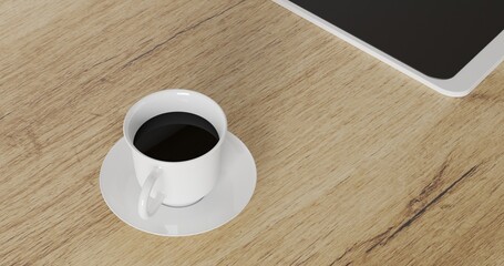 3d render Working desk with wood background. tablet pencil and coffee cup on wood table. minimal workspace. simple wall interior design concept template.