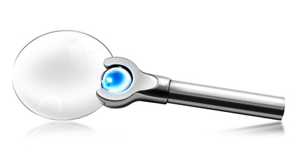 3D Illustration of a modern Magnifying Glass with metal handle, isolated on white background with reflections.
