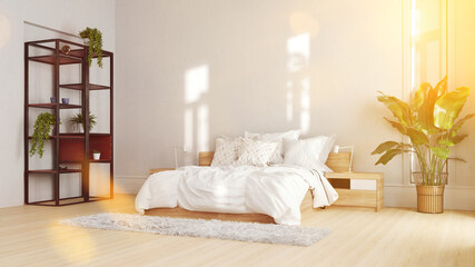 Doppelbett im sonnigen Schlafzimmer mit Topfpflanzen