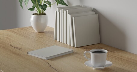 3d render Working desk with white background. blank book, green plant and coffee cup on wood table. minimal workspace. simple wall interior design concept template.