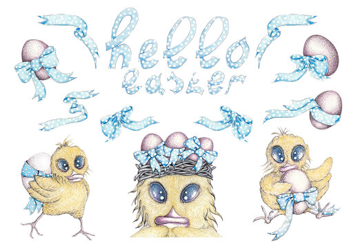 Easter set with ducklings, bows and eggs on a white background. Ideal for cards, patterns, frames, Easter cards and invitations