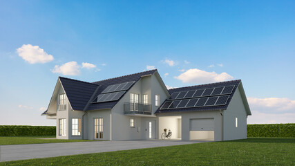 Einfamilienhaus mit Solarzellen vor einem blauen Himmel