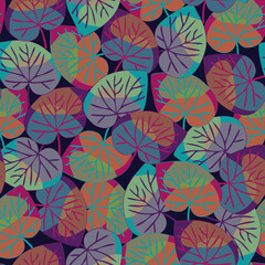 Vector Overlapping Leaves in Green Pink Orange Purple Turquoise on Navy Blue Background. Seamless Repeat Pattern. Background for textiles, cards, manufacturing, wallpapers, print, gift wrap and