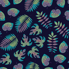 Vector Leaves in Green Purple Turquoise Scattered on Navy Blue Background. Seamless Repeat Pattern. Background for textiles, cards, manufacturing, wallpapers, print, gift wrap and scrapbooking.