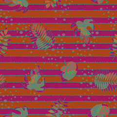 Vector Leaves in Pink Orange Green Turquoise on Stripes Background. Seamless Repeat Pattern. Background for textiles, cards, manufacturing, wallpapers, print, gift wrap and scrapbooking.