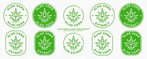 Stamps for packaging of cosmetic products. The label is aloe vera extract. Plant icon with flowing ingredient line. Vector set. - obrazy, fototapety, plakaty