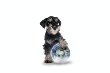 puppy dog miniature schnauzer  with earth isolated on white background 