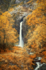 Fototapeta na wymiar Manafossen Falls and the valley of the river Man in in the province of Rogaland Norway in the autumn mountains