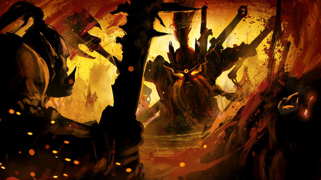 A fierce dwarf mercilessly cuts down his orc enemies, against the backdrop of a burning city, his eyes glow with magical flames, a round rune shines on his forehead. 2d illustration