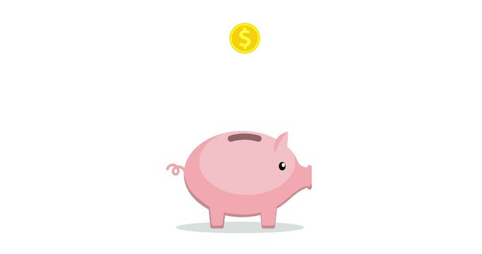 golden coins falling into a cute pink Piggy Bank Saving money concept, passive income concept. Alpha matte 4K,HD,SD resolution animation for ease of use.