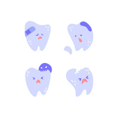Cute tooth set. Hand drawn cartoon characters with different emotions.