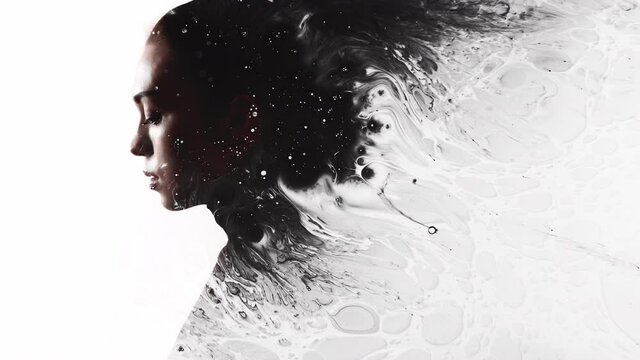 Double exposure silhouette. Universe energy. Galaxy cosmos astrology. Dark contrast profile woman face outline with black ink splash flow animation isolated on white copy space background.