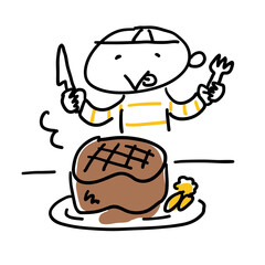 分厚いステーキ肉を食べる男の子