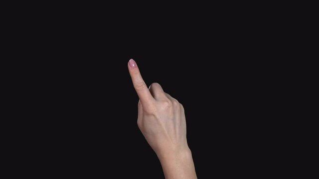 Set of 11 different pre keyed chroma key transparent one finger swipe click zoom gestures on greenscreen womans hand shot in 4k