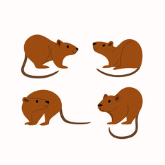 Cartoon nutria icon set. Cute animal character in different poses. Vector illustration for prints, clothing, packaging, stickers.
