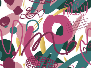 Seamless abstract doodle background pattern in bright summer positive colors. Hand-drawn abstract pattern with randomly arranged spots and dots and lines. Pencil and paint texture.