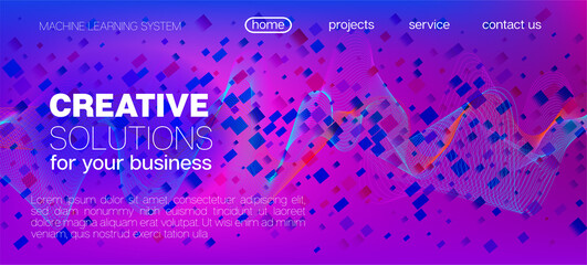 Flying Particles Distressed Purple Vector. Big Data Neon Background. 3D