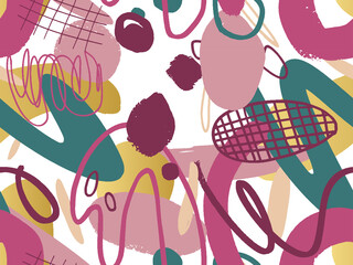 Seamless abstract doodle background pattern in bright summer positive colors. Hand-drawn abstract pattern with randomly arranged spots and dots and lines. Pencil and paint texture.