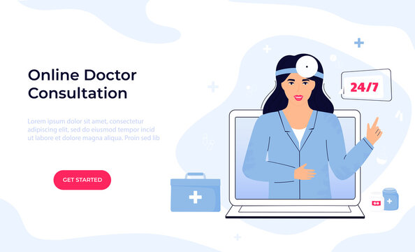 Woman Otolaryngologist Doctor With Head Reflector Consults Online By Video Call On Laptop. Ent Clinic. Telemedicine Concept. Chat With A Medical Worker. Web Page Template