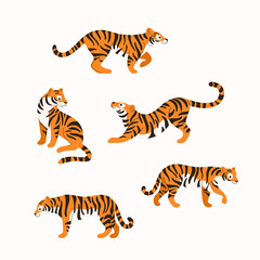 Cartoon tiger. Cute animal character in different poses. Flat vector illustration for prints, clothing, packaging, stickers.