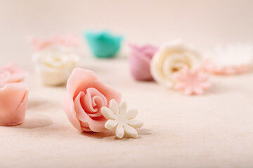 Homemade white and pink marzipan roses