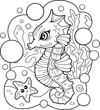 cartoon cute seahorse, coloring book, funny illustration