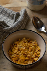 A bowl full off cereal and milk