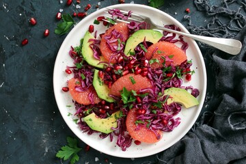 Red cabbage salad with avocado, grapefruit and pomegranate. Diet food. Top view with copy space.