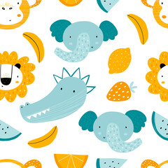Vector hand-drawn seamless repeating color childish pattern with african animals and fruits in Scandinavian style on a white background. Scandinavian pattern with animals. Lion, elephant, monkey.