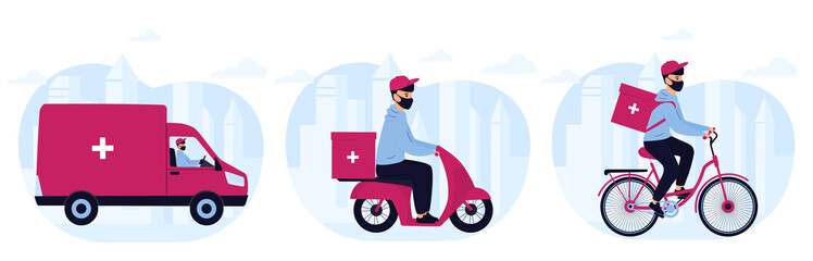 Delivery of medicine to home. Man courier in protective mask delivers medications by car, motorcycle, bicycle.