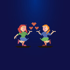 colorful simple flat pixel art illustration of two girls in love with three hearts between them