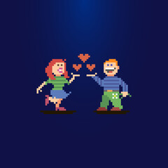 colorful simple flat pixel art illustration of a guy and a girl in love with three hearts between them